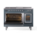 ILVE Nostalgie II Noblesse 48-Inch Natural Gas Dual Fuel Range with 5 Burners, Griddle, & French Top with Triple Glass Door Oven in Blue Grey with Chrome Trim (UN48FSNMPBGC)