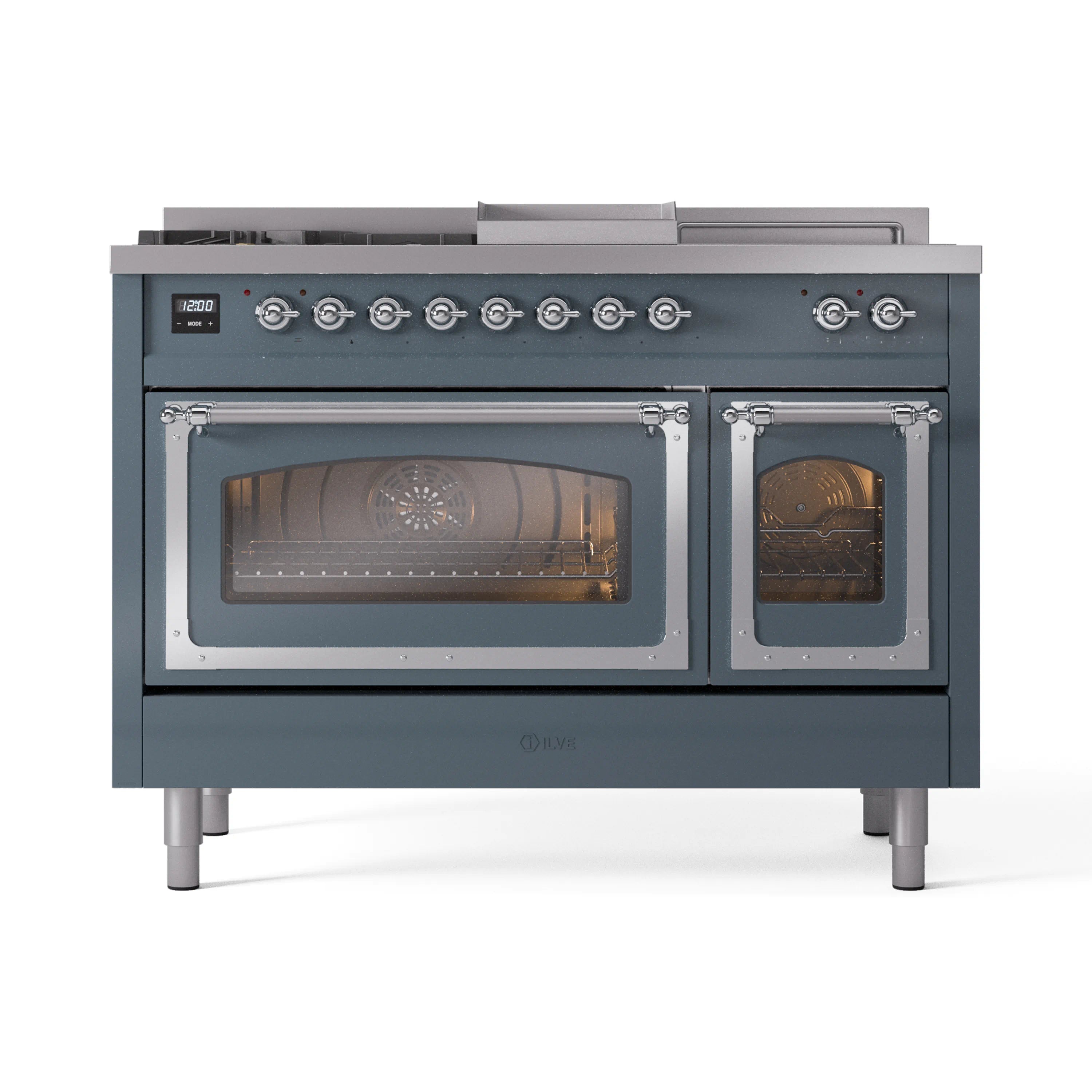 Blue grey range front with 5 burners, control knobs, and two glass-door ovens