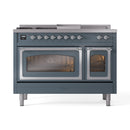 ILVE Nostalgie II Noblesse 48-Inch Natural Gas Dual Fuel Range with 5 Burners, Griddle, & French Top with Triple Glass Door Oven in Blue Grey with Chrome Trim (UN48FSNMPBGC)