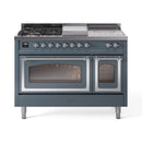 ILVE Nostalgie II Noblesse 48-Inch Natural Gas Dual Fuel Range with 5 Burners, Griddle, & French Top with Triple Glass Door Oven in Blue Grey with Chrome Trim (UN48FSNMPBGC)