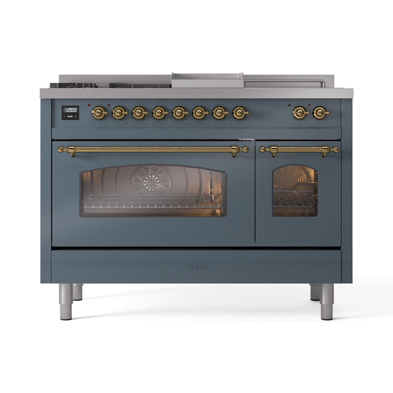 ILVE Nostalgie II 48-Inch Dual Fuel Freestanding Range in Blue Grey with Brass Trim (UP48FSNMPBGG)