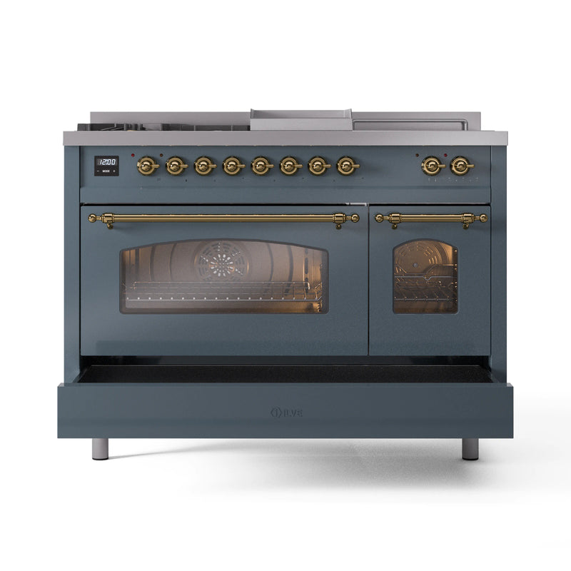 ILVE Nostalgie II 48-Inch Dual Fuel Freestanding Range in Blue Grey with Brass Trim (UP48FSNMPBGG)