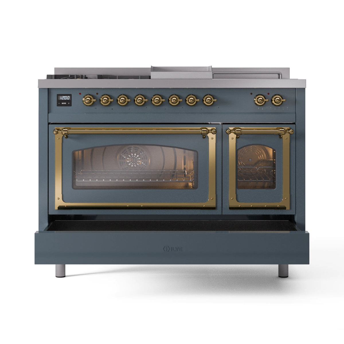 Dual fuel gas range with glass oven doors, brass trim, and blue gray finish