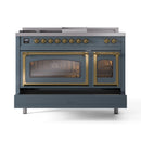 ILVE Nostalgie II Noblesse 48-Inch Propane Gas Dual Fuel Range with 5 Burners, Griddle, & French Top with Triple Glass Door Oven in Blue Grey with Brass Trim (UN48FSNMPBGGLP)