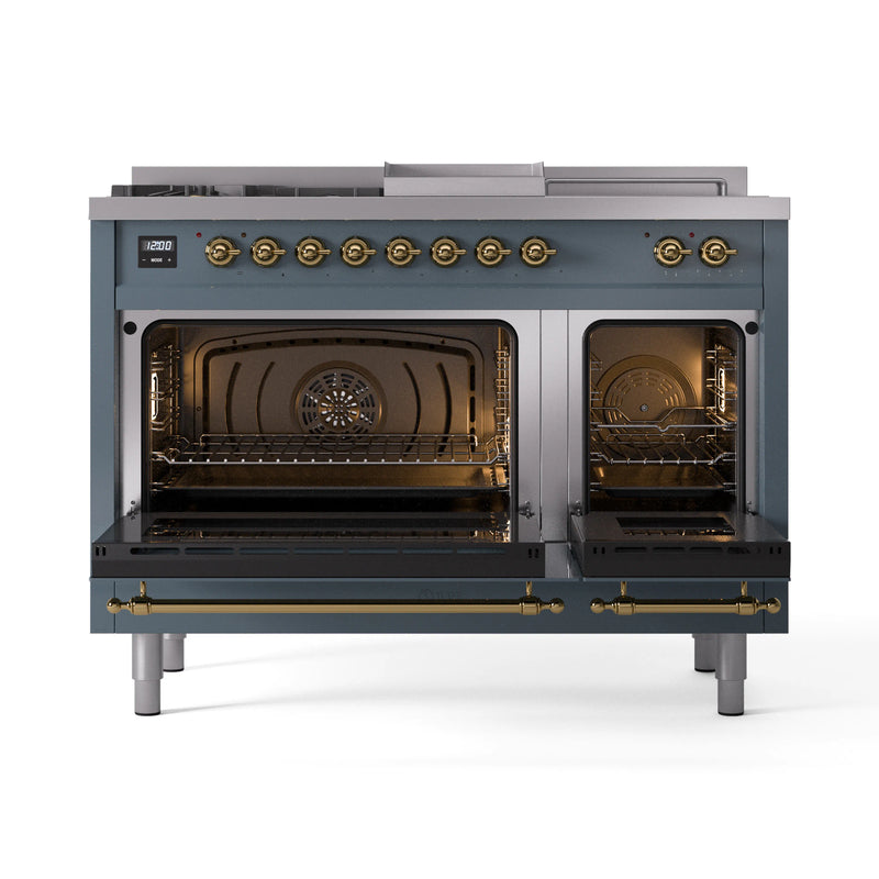 ILVE Nostalgie II 48-Inch Dual Fuel Freestanding Range in Blue Grey with Brass Trim (UP48FSNMPBGG)