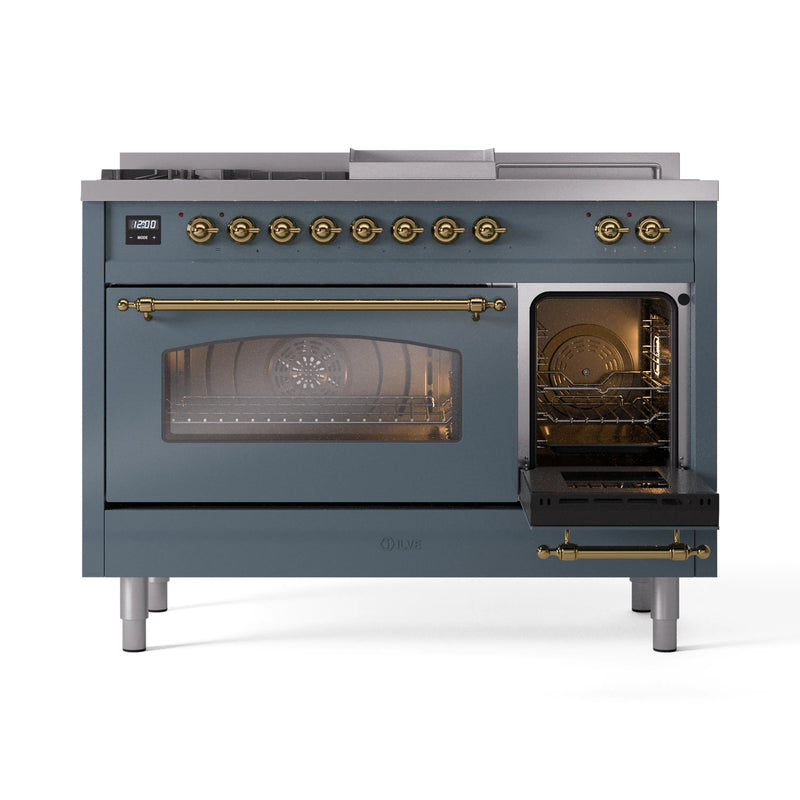 ILVE Nostalgie II 48-Inch Dual Fuel Freestanding Range in Blue Grey with Brass Trim (UP48FSNMPBGG)