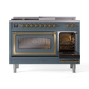 ILVE Nostalgie II Noblesse 48-Inch Natural Gas Dual Fuel Range with 5 Burners, Griddle, & French Top with Triple Glass Door Oven in Blue Grey with Brass Trim (UN48FSNMPBGG)