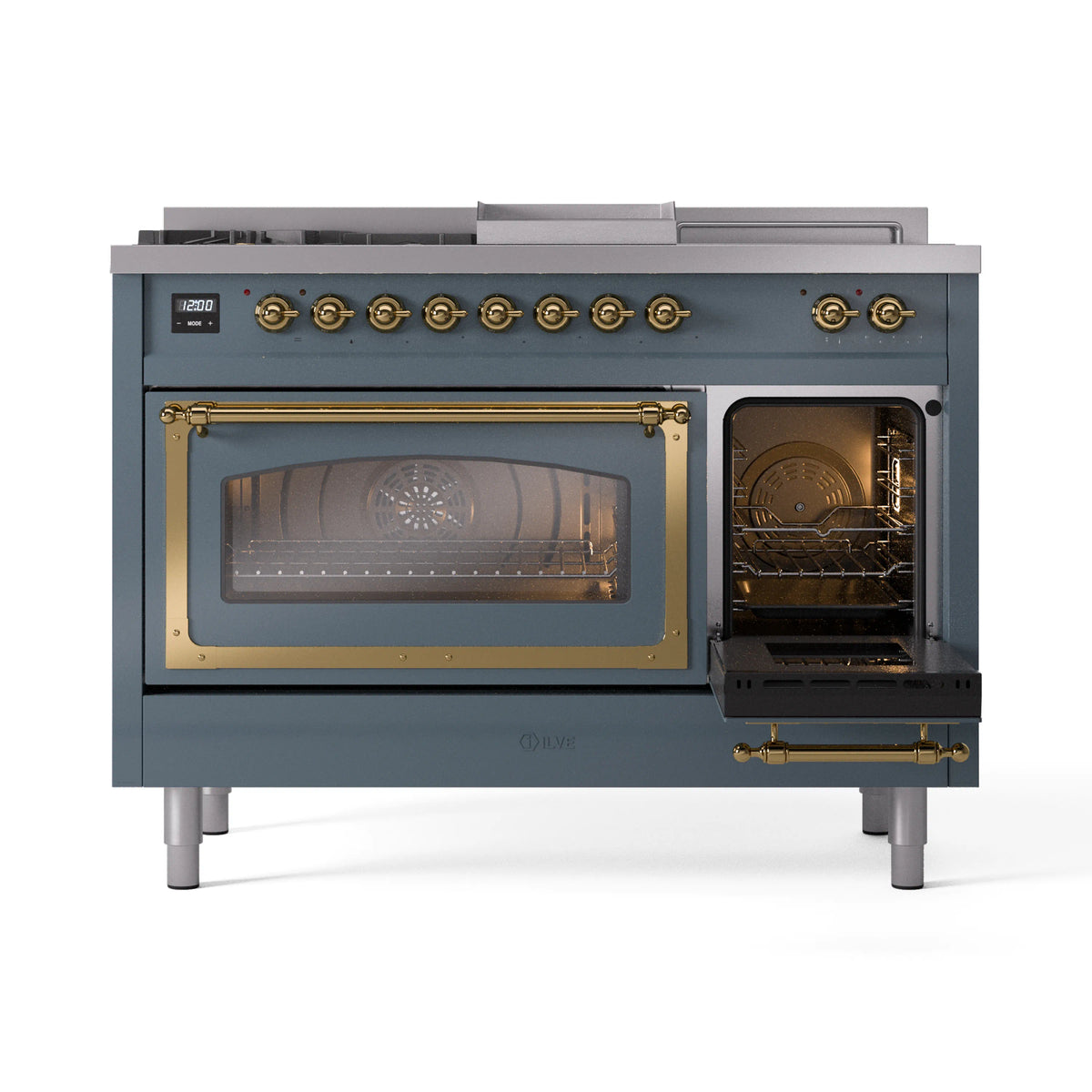 Dual fuel gas range with one oven door open and brass interior racks, blue gray