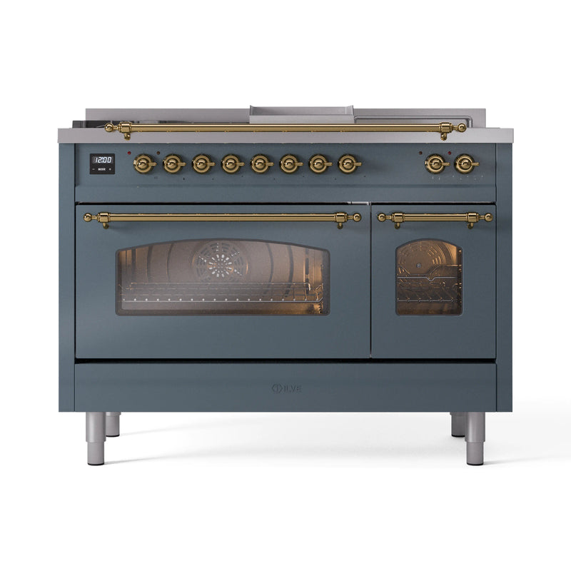 ILVE Nostalgie II 48-Inch Dual Fuel Freestanding Range in Blue Grey with Brass Trim (UP48FSNMPBGG)