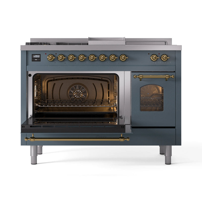 ILVE Nostalgie II 48-Inch Dual Fuel Freestanding Range in Blue Grey with Brass Trim (UP48FSNMPBGG)