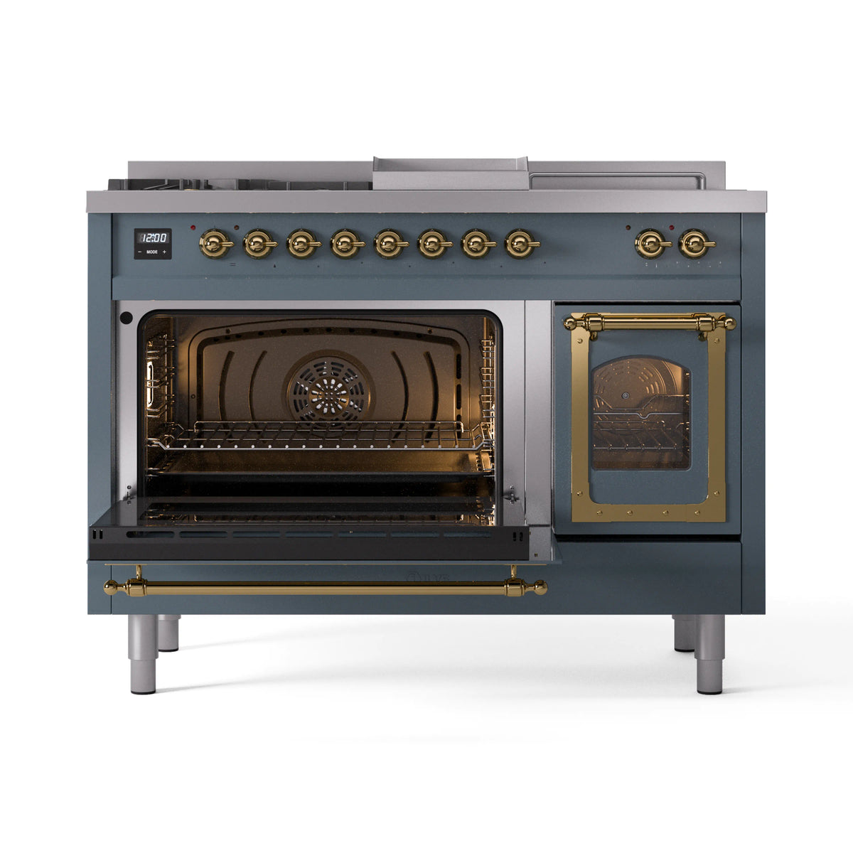 Dual fuel gas range with both oven doors open, brass framing, blue gray body