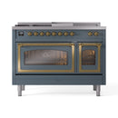 ILVE Nostalgie II Noblesse 48-Inch Propane Gas Dual Fuel Range with 5 Burners, Griddle, & French Top with Triple Glass Door Oven in Blue Grey with Brass Trim (UN48FSNMPBGGLP)