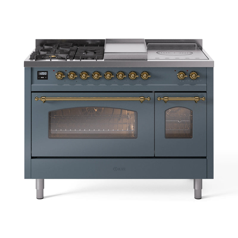 ILVE Nostalgie II 48-Inch Dual Fuel Freestanding Range in Blue Grey with Brass Trim (UP48FSNMPBGG)