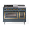 ILVE Nostalgie II Noblesse 48-Inch Natural Gas Dual Fuel Range with 5 Burners, Griddle, & French Top with Triple Glass Door Oven in Blue Grey with Brass Trim (UN48FSNMPBGG)