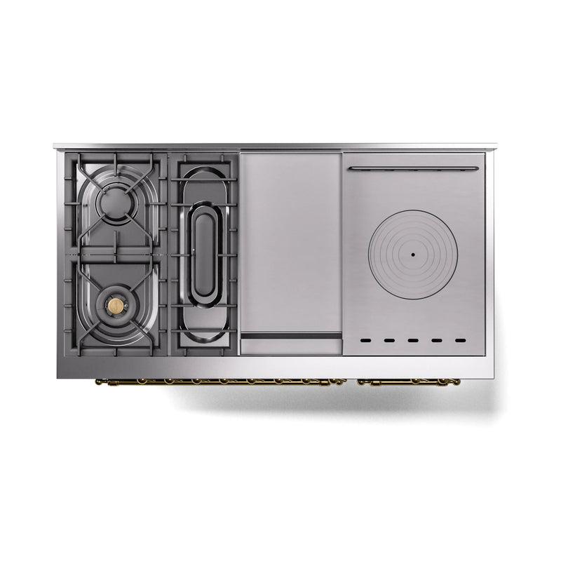 ILVE Nostalgie II Noblesse 48-Inch Dual Fuel Range with 5 Burners, Griddle, & French Top with Triple Glass Door Oven in Blue Grey with Brass Trim (UN48FSNMPBGG)