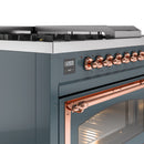 ILVE Nostalgie II Noblesse 48-Inch Natural Gas Dual Fuel Range with 5 Burners, Griddle, & French Top with Triple Glass Door Oven in Blue Grey with Copper Trim (UN48FSNMPBGP)