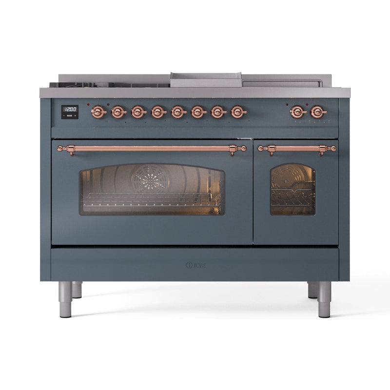 ILVE Nostalgie II 48-Inch Dual Fuel Freestanding Range in Blue Grey with Copper Trim (UP48FSNMPBGP)