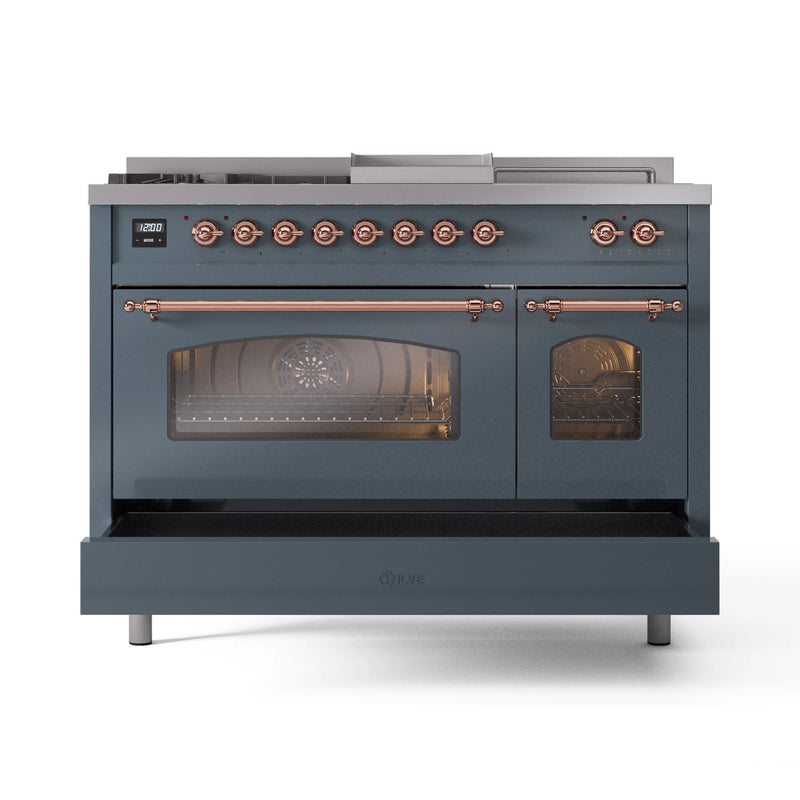 ILVE Nostalgie II 48-Inch Dual Fuel Freestanding Range in Blue Grey with Copper Trim (UP48FSNMPBGP)