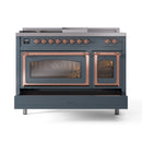 ILVE Nostalgie II Noblesse 48-Inch Natural Gas Dual Fuel Range with 5 Burners, Griddle, & French Top with Triple Glass Door Oven in Blue Grey with Copper Trim (UN48FSNMPBGP)