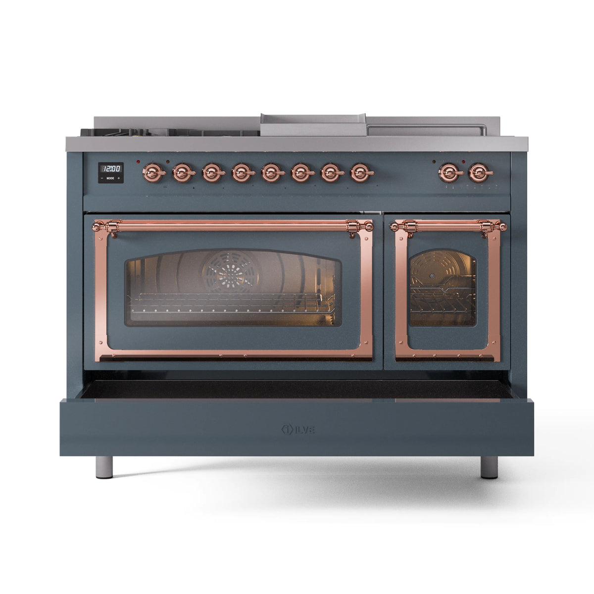 Blue-grey dual fuel range with copper-trim dual glass doors and front control knobs
