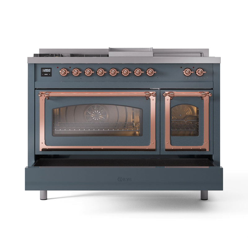 ILVE Nostalgie II Noblesse 48-Inch Dual Fuel Range with 5 Burners, Griddle, & French Top with Triple Glass Door Oven in Blue Grey with Copper Trim (UN48FSNMPBGP)
