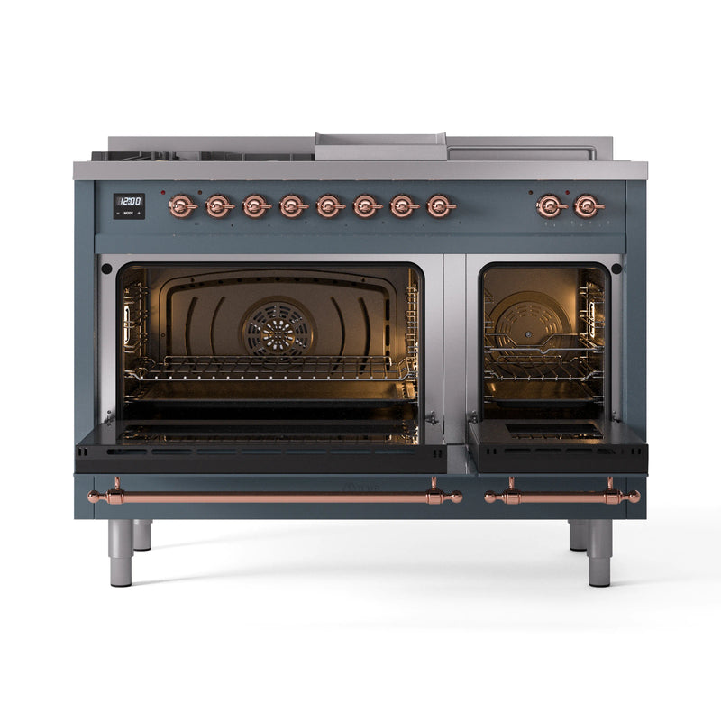 ILVE Nostalgie II 48-Inch Dual Fuel Freestanding Range in Blue Grey with Copper Trim (UP48FSNMPBGP)