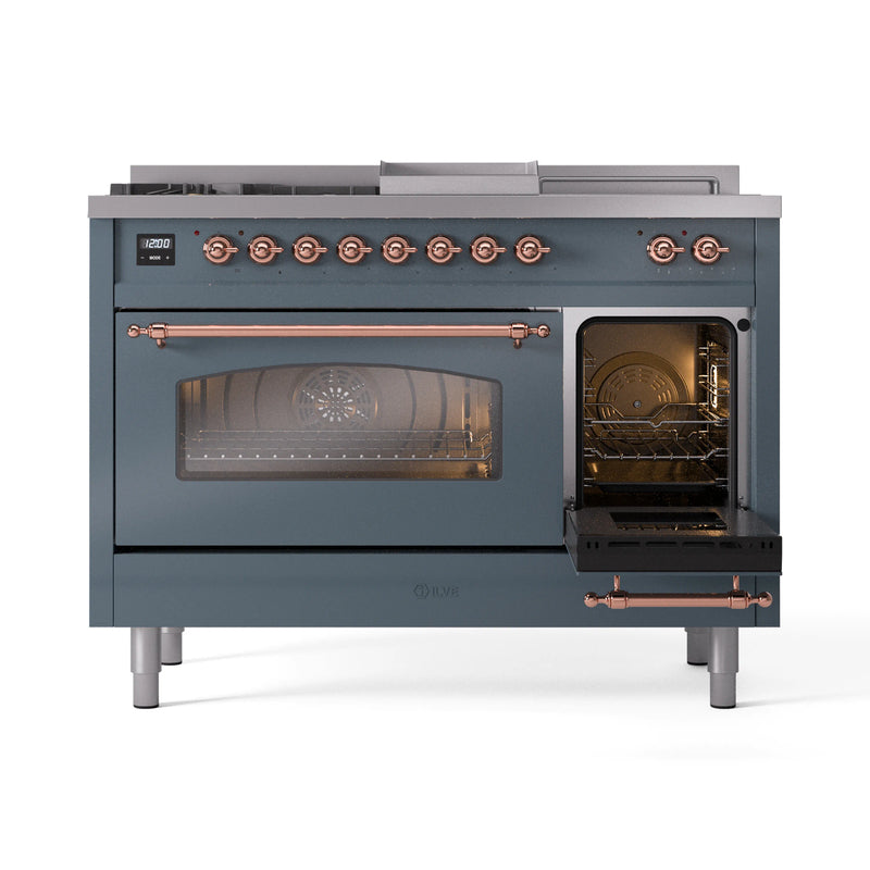 ILVE Nostalgie II 48-Inch Dual Fuel Freestanding Range in Blue Grey with Copper Trim (UP48FSNMPBGP)