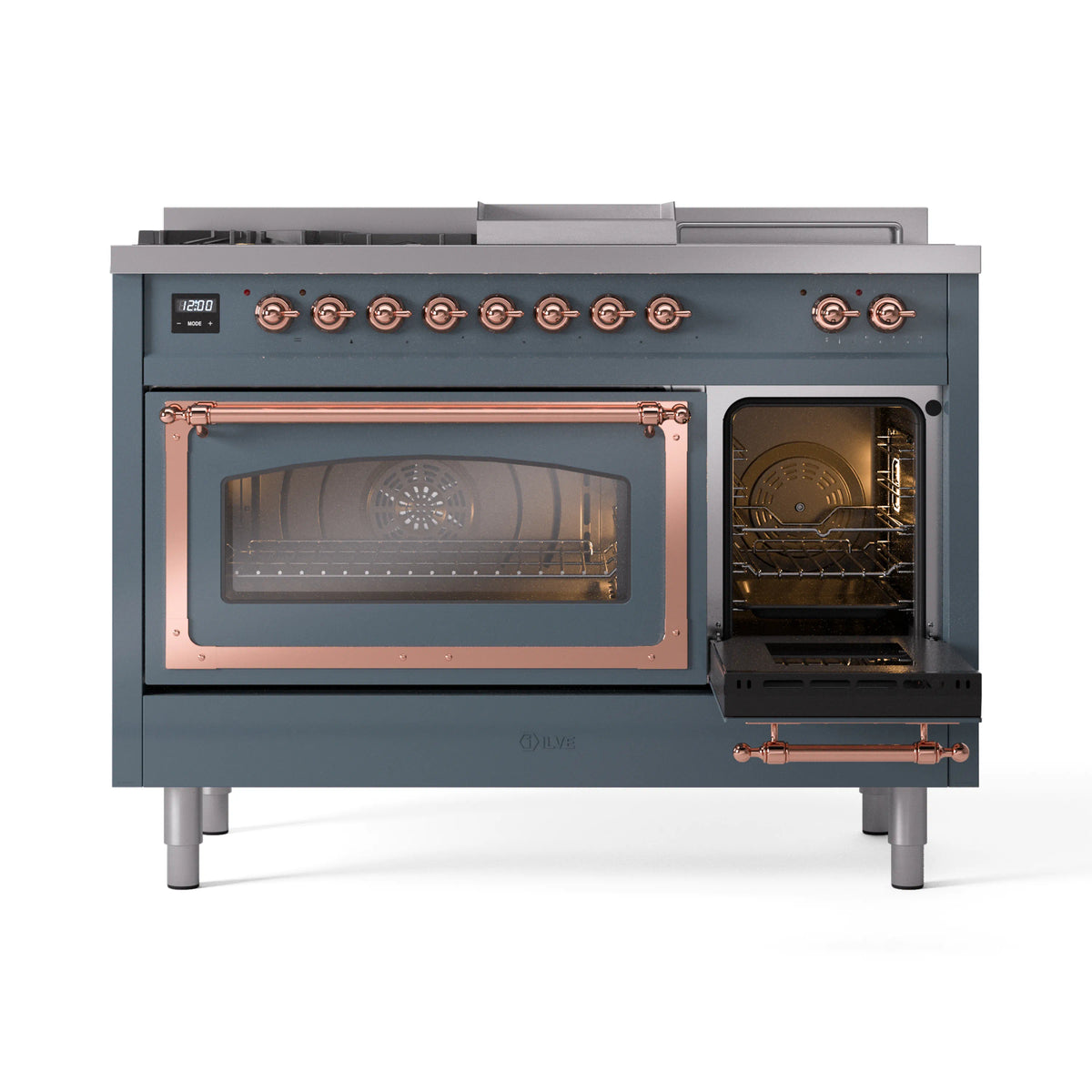 Blue-grey dual fuel range with left oven glass door closed and right oven door open