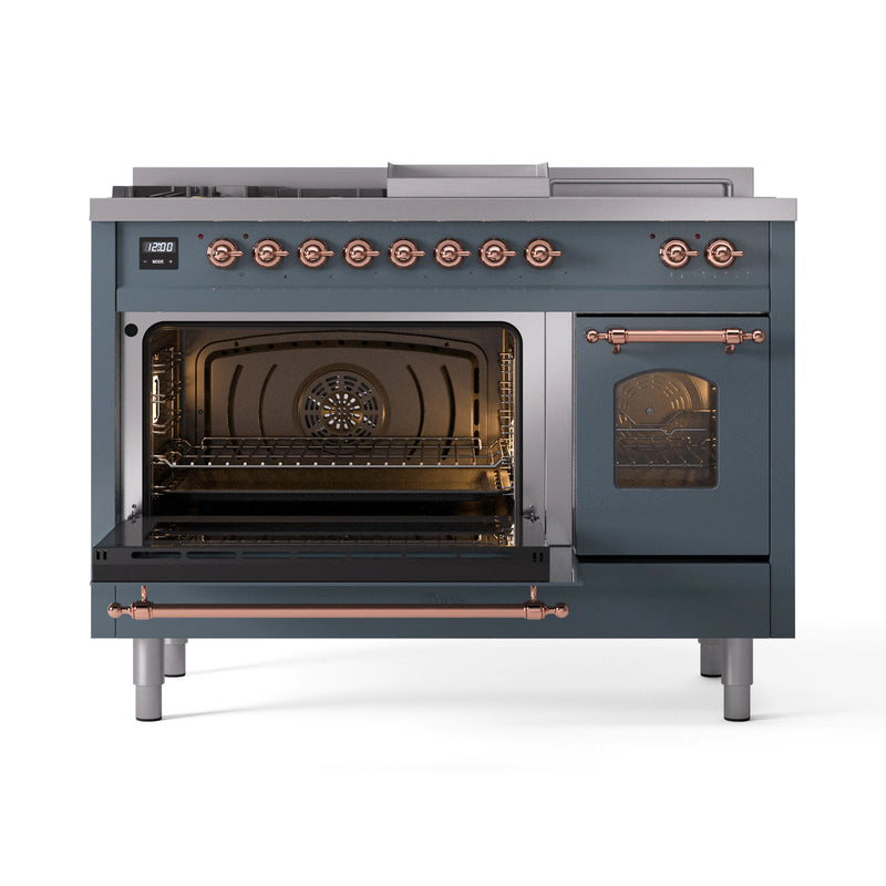 ILVE Nostalgie II 48-Inch Dual Fuel Freestanding Range in Blue Grey with Copper Trim (UP48FSNMPBGP)