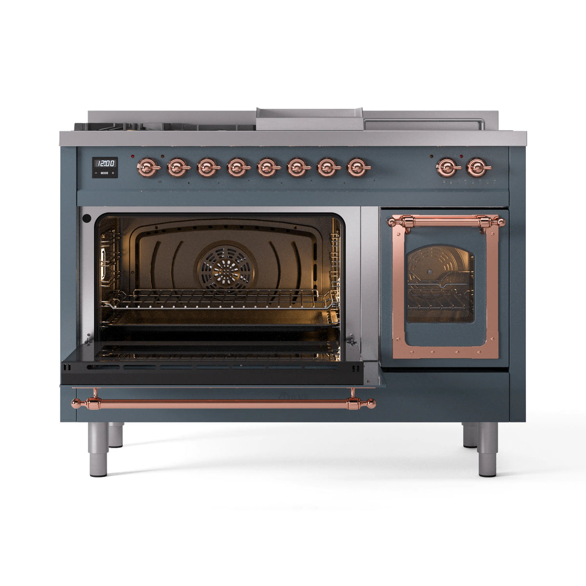Blue grey gas range with copper trim, both ovens visible with one door open.