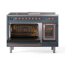 ILVE Nostalgie II Noblesse 48-Inch Natural Gas Dual Fuel Range with 5 Burners, Griddle, & French Top with Triple Glass Door Oven in Blue Grey with Copper Trim (UN48FSNMPBGP)