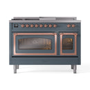 ILVE Nostalgie II Noblesse 48-Inch Natural Gas Dual Fuel Range with 5 Burners, Griddle, & French Top with Triple Glass Door Oven in Blue Grey with Copper Trim (UN48FSNMPBGP)