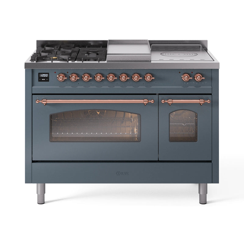 ILVE Nostalgie II 48-Inch Dual Fuel Freestanding Range in Blue Grey with Copper Trim (UP48FSNMPBGP)