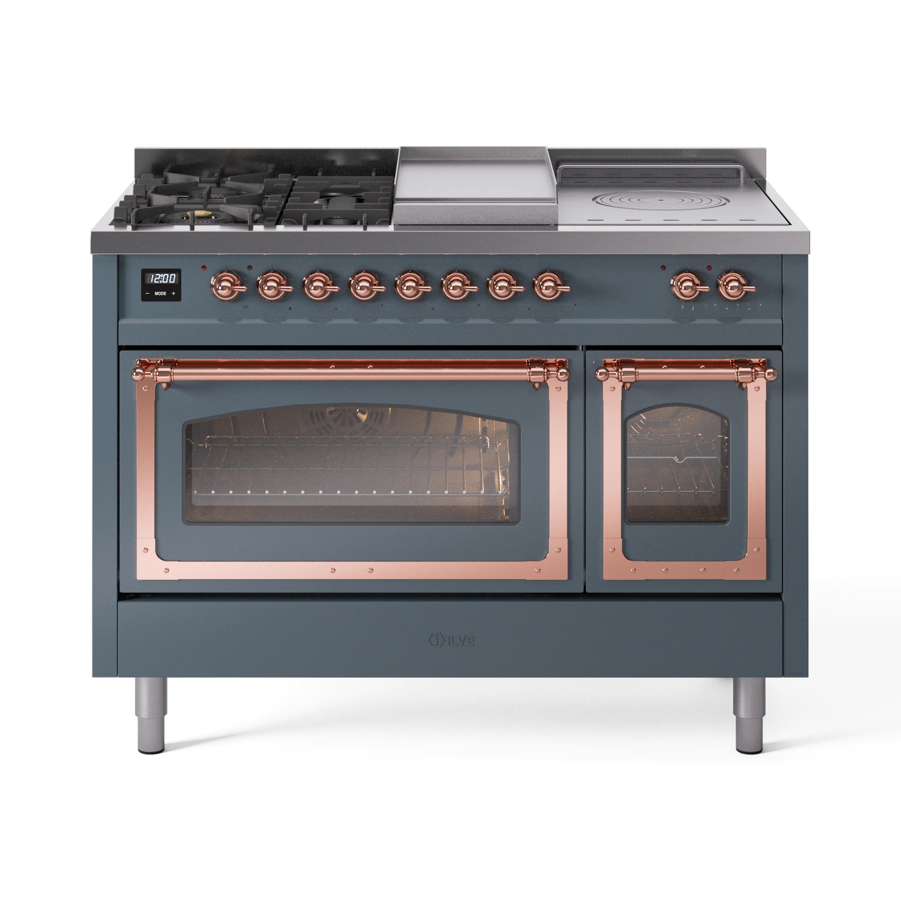 Blue grey dual-fuel gas range with copper trim, two ovens, and side glass doors closed.