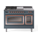 ILVE Nostalgie II Noblesse 48-Inch Natural Gas Dual Fuel Range with 5 Burners, Griddle, & French Top with Triple Glass Door Oven in Blue Grey with Copper Trim (UN48FSNMPBGP)