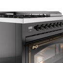ILVE Nostalgie II Noblesse 48-Inch Natural Gas Dual Fuel Range with 5 Burners, Griddle, & French Top with Triple Glass Door Oven in Glossy Black with Bronze Trim (UN48FSNMPBKB)