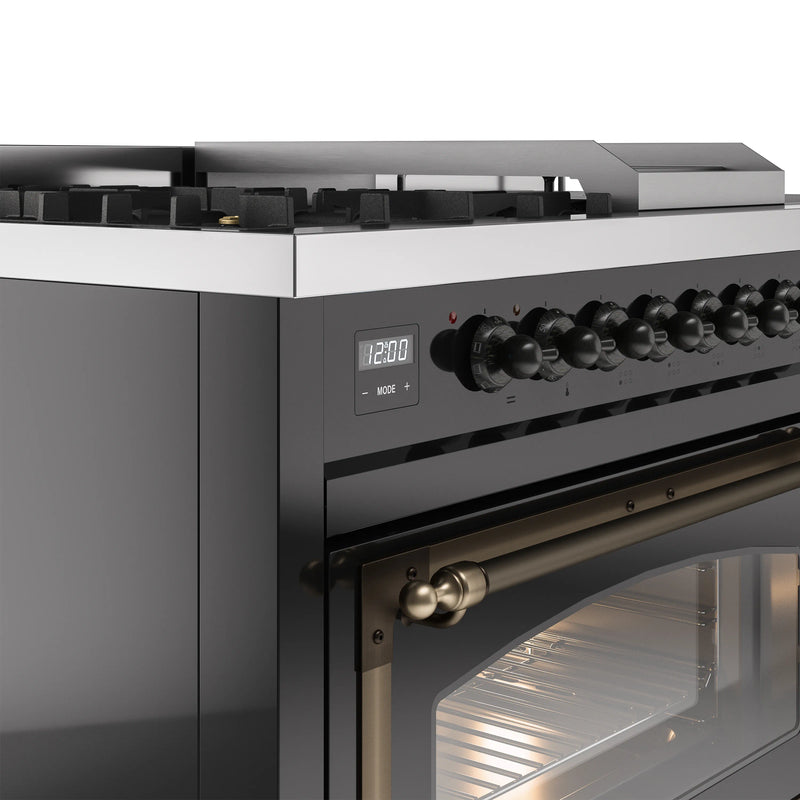 ILVE Nostalgie II Noblesse 48-Inch Dual Fuel Range with 5 Burners, Griddle, & French Top with Triple Glass Door Oven in Glossy Black with Bronze Trim (UN48FSNMPBKB)