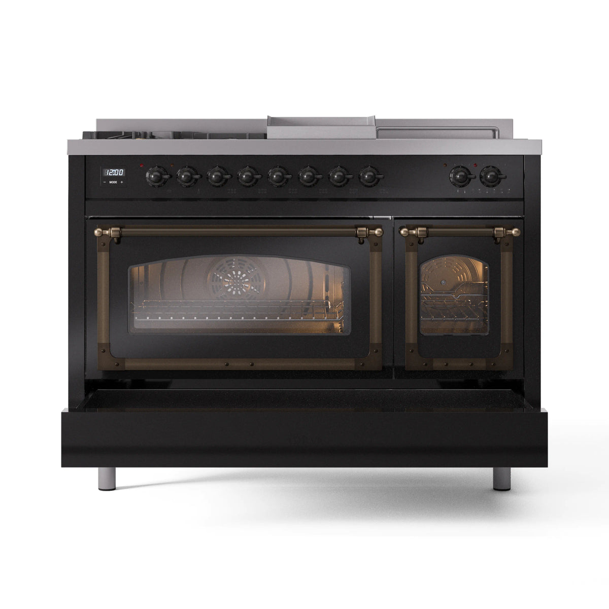 Glossy black dual fuel range with left oven door open and illuminated interior rack