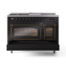 ILVE Nostalgie II Noblesse 48-Inch Propane Gas Dual Fuel Range with 5 Burners, Griddle, & French Top with Triple Glass Door Oven in Glossy Black with Bronze Trim (UN48FSNMPBKBLP)