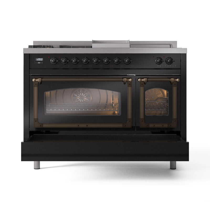 ILVE Nostalgie II Noblesse 48-Inch Dual Fuel Range with 5 Burners, Griddle, & French Top with Triple Glass Door Oven in Glossy Black with Bronze Trim (UN48FSNMPBKB)