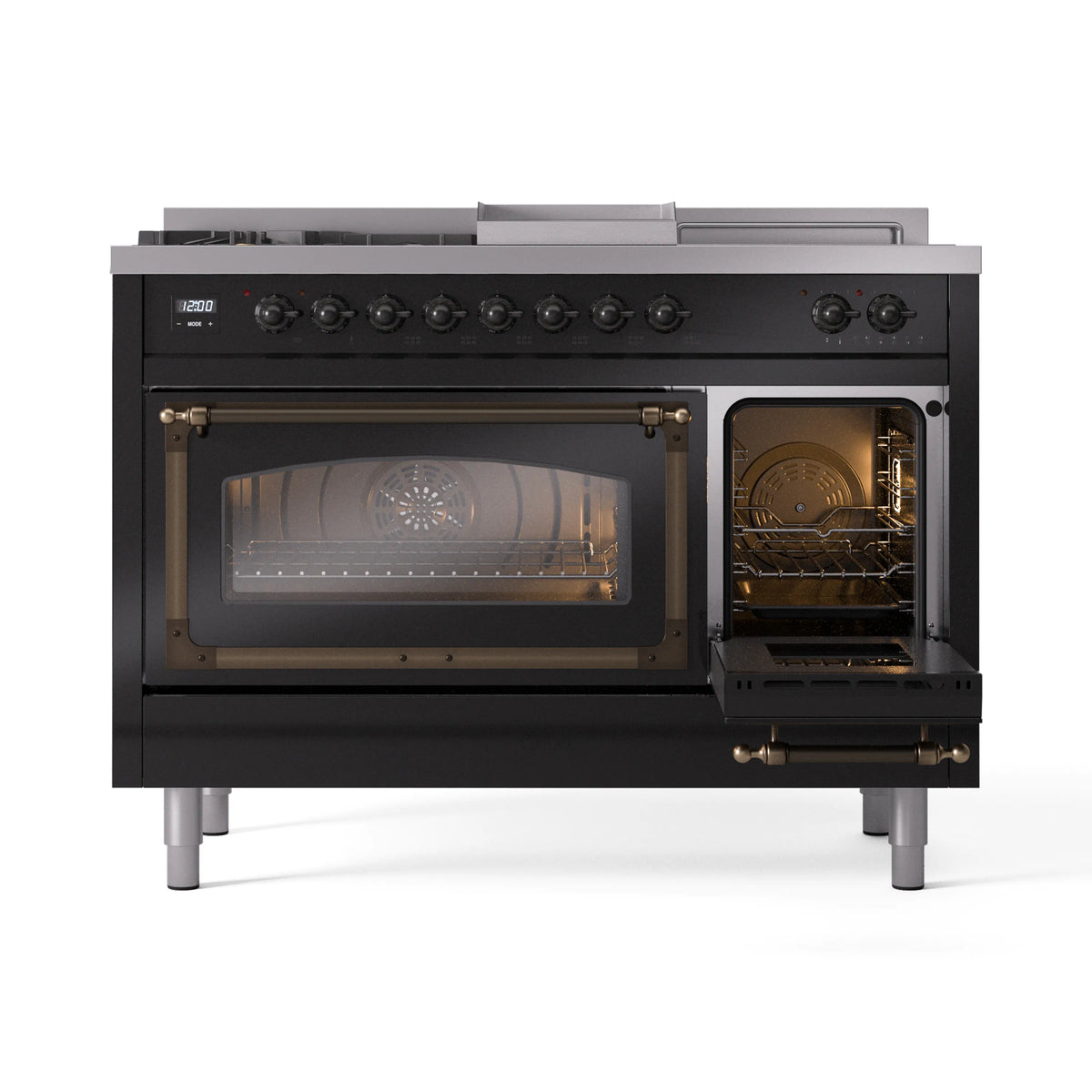 Glossy black dual fuel range with left oven open and right oven door ajar, brass handles