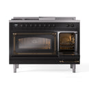 ILVE Nostalgie II Noblesse 48-Inch Natural Gas Dual Fuel Range with 5 Burners, Griddle, & French Top with Triple Glass Door Oven in Glossy Black with Bronze Trim (UN48FSNMPBKB)