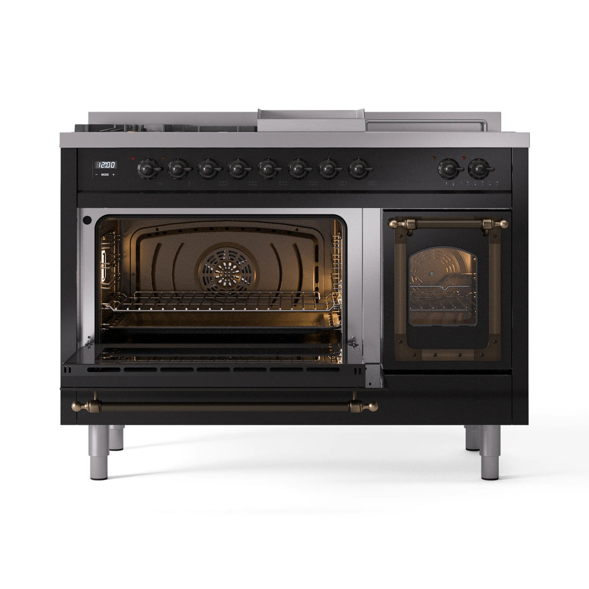 Black range oven doors open, showing main cavity racks and burner lighting