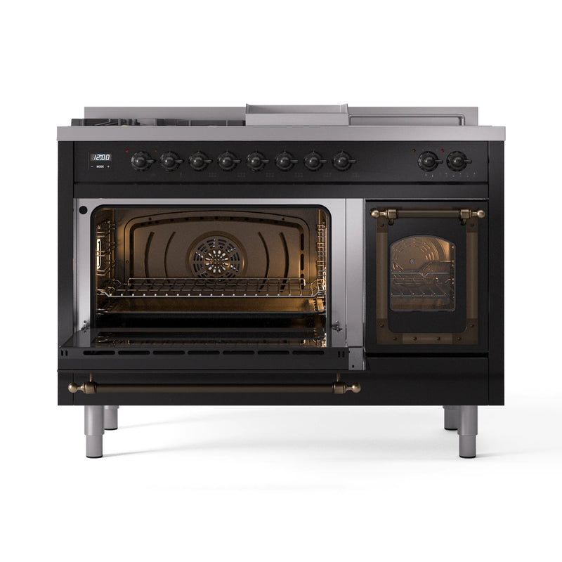 ILVE Nostalgie II Noblesse 48-Inch Dual Fuel Range with 5 Burners, Griddle, & French Top with Triple Glass Door Oven in Glossy Black with Bronze Trim (UN48FSNMPBKB)