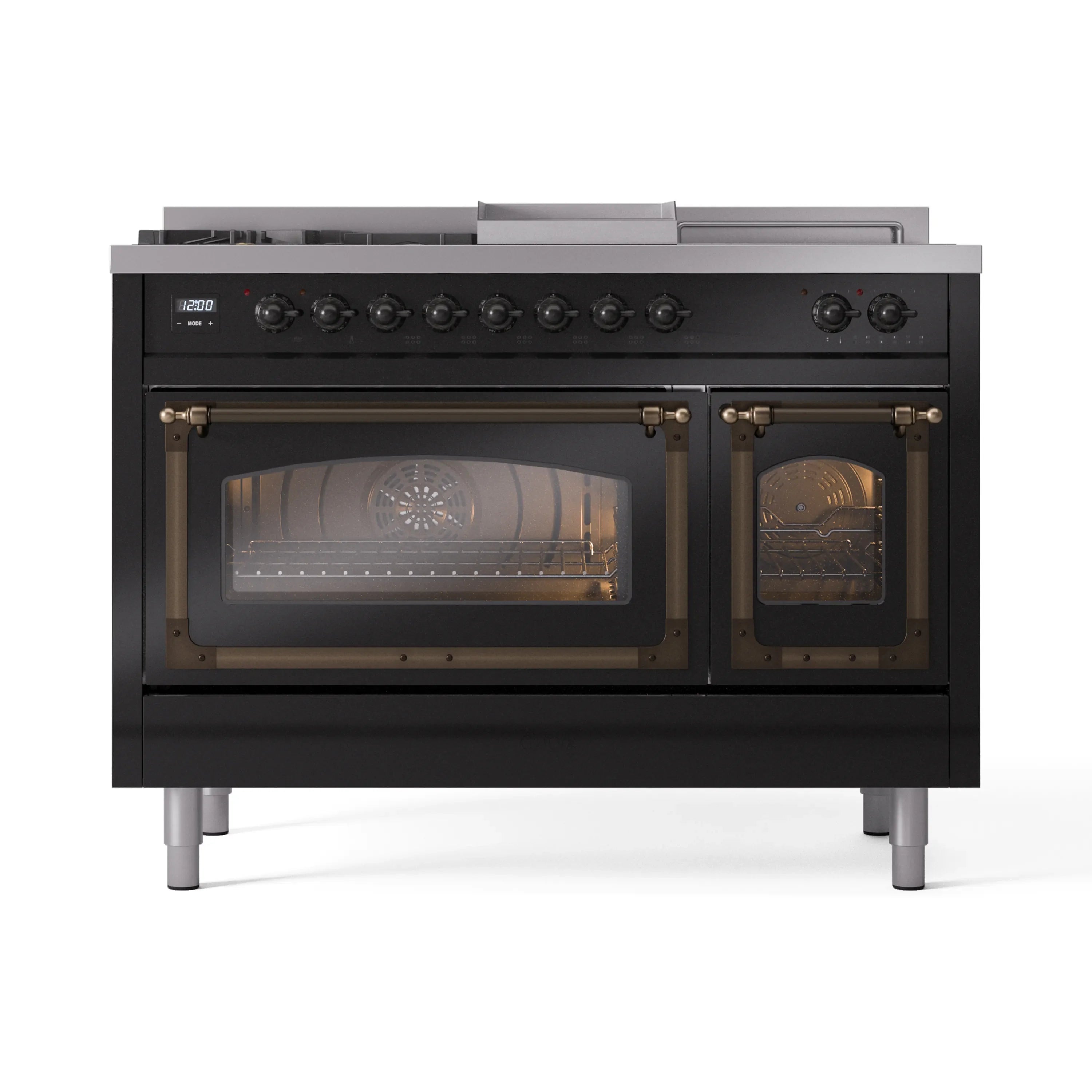 Black dual-oven range with bronze hinges and two glass oven doors