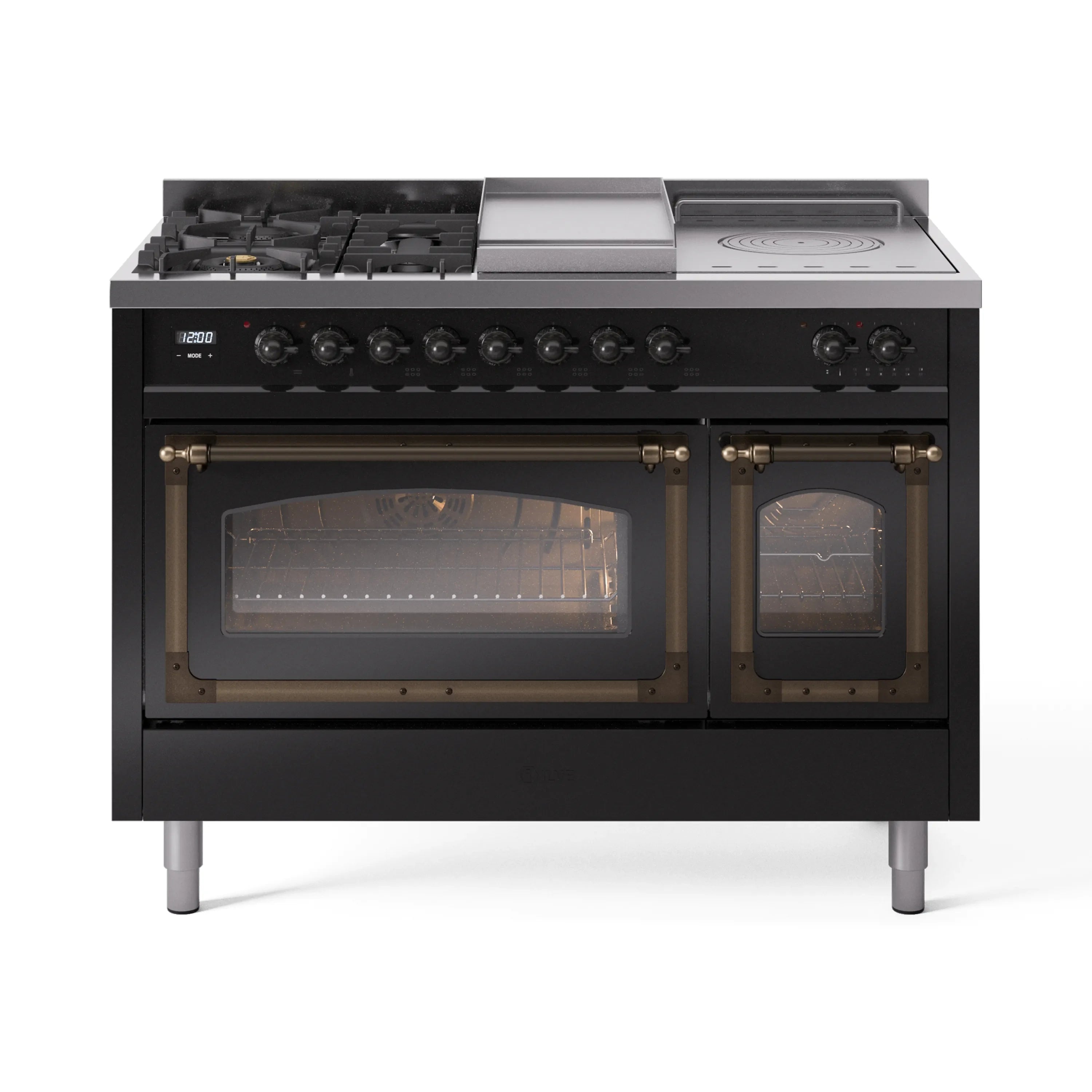 Glossy black range with bronze-trimmed glass doors and front control knobs