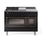 ILVE Nostalgie II Noblesse 48-Inch Natural Gas Dual Fuel Range with 5 Burners, Griddle, & French Top with Triple Glass Door Oven in Glossy Black with Bronze Trim (UN48FSNMPBKB)