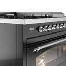 ILVE Nostalgie II 48-Inch Propane Gas Dual Fuel Range with 5 Burners, Griddle, & French Top with Triple Glass Door Oven in Glossy Black with Chrome Trim (UP48FSNMPBKCLP)