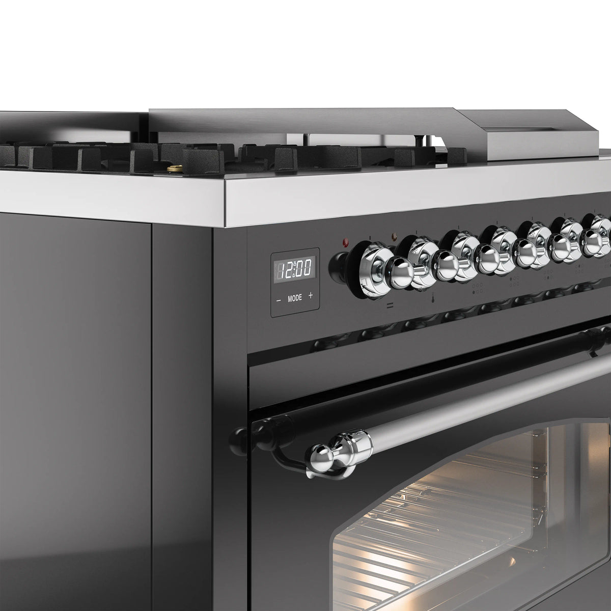 ILVE glossy black range control panel with chrome knobs and digital display