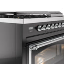 ILVE Nostalgie II Noblesse 48-Inch Natural Gas Dual Fuel Range with 5 Burners, Griddle, & French Top with Triple Glass Door Oven in Glossy Black with Chrome Trim (UN48FSNMPBKC)